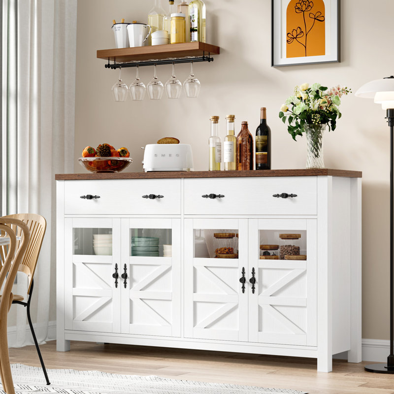 Almus 55'' Sideboard with 4 Glass Doors, 2 Large Drawers and Adjustable Shelves, White/Brown